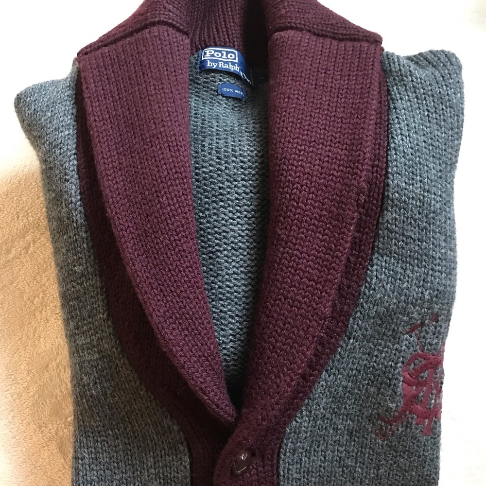 Polo Ralph Lauren Country Estate Gray and Maroon Shawl collar Cardigan - Picture 7 of 16